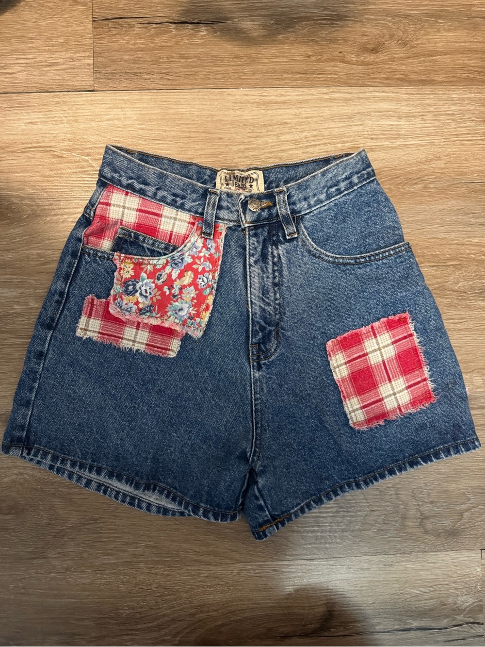 Vintage Mudd 90s The Limited Blue Denim Patchwork Shorts with Red Plaid Accents